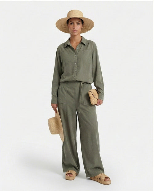 Long Sleeves Solid Relaxed Fit Jumpsuit - Dark Olive