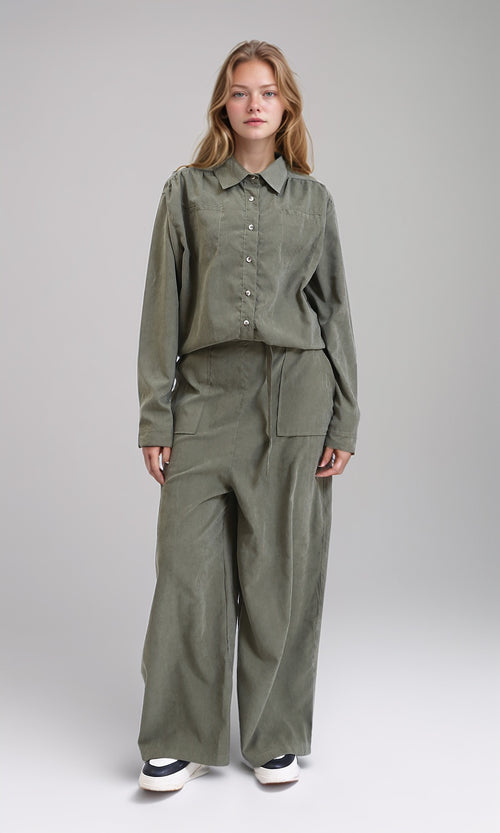 R212069 - Long Sleeves Solid Relaxed Fit Jumpsuit - Dark Olive