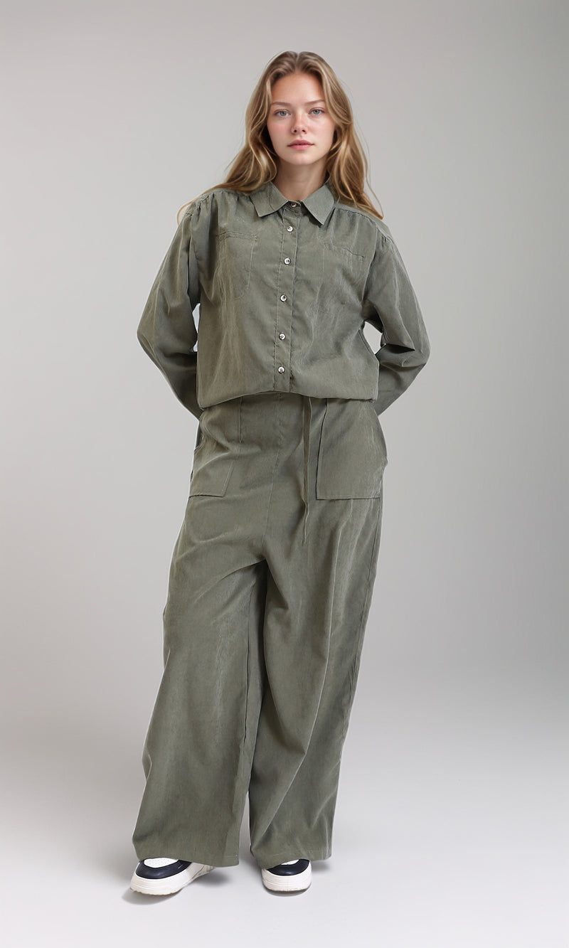 R212069 - Long Sleeves Solid Relaxed Fit Jumpsuit - Dark Olive