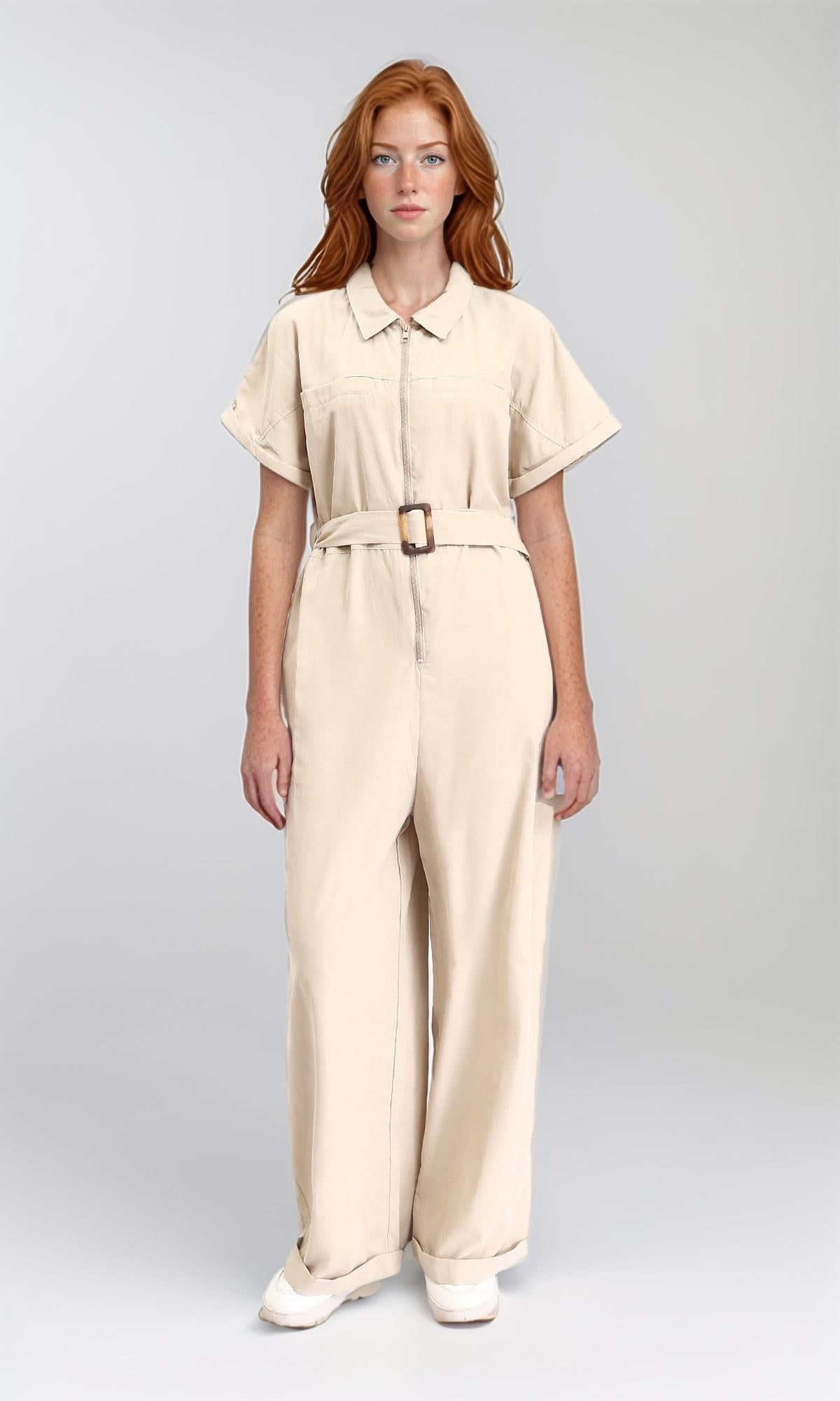 R212072 - Short Sleeves Zipped Jumpsuit with Middle Belt - Beige