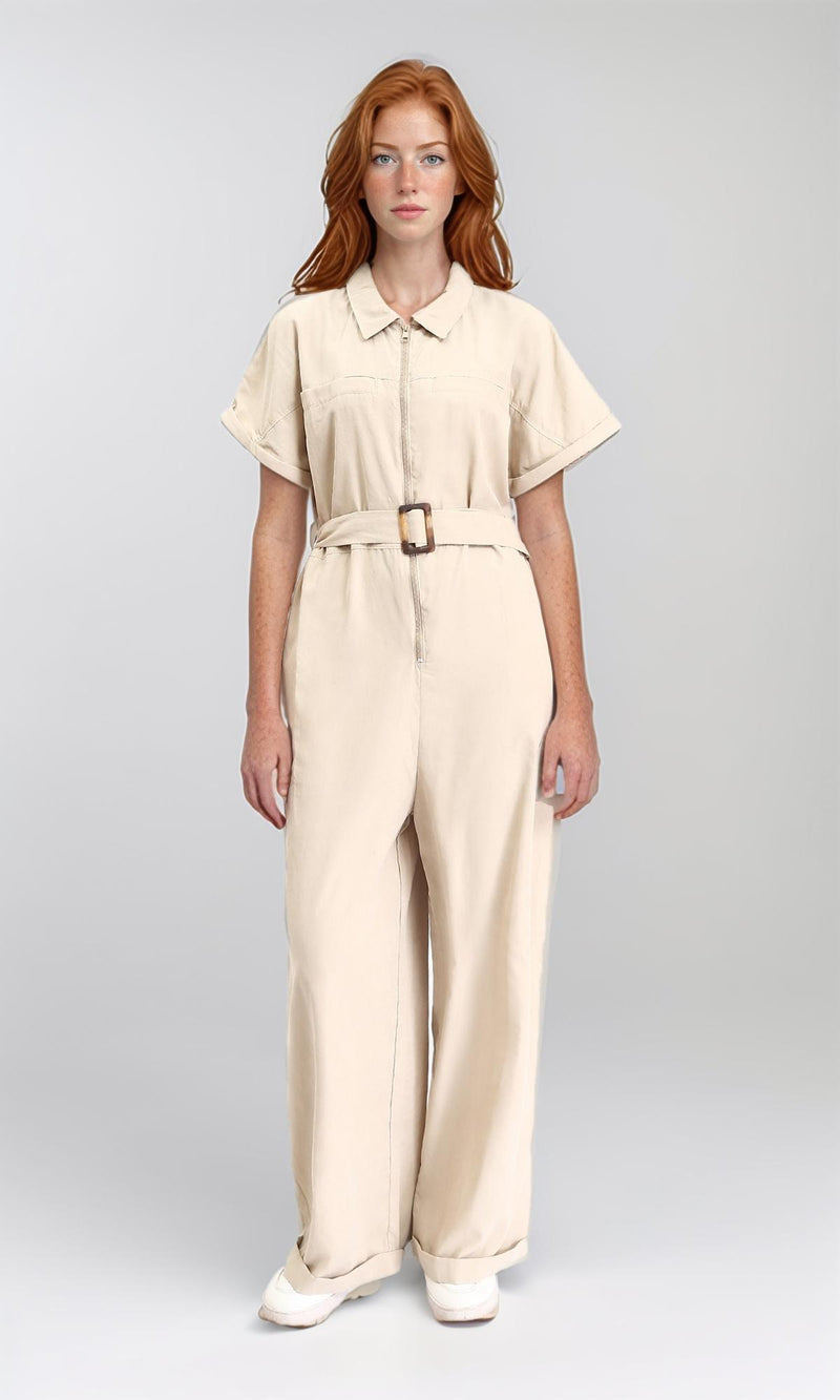 R212072 - Short Sleeves Zipped Jumpsuit with Middle Belt - Beige