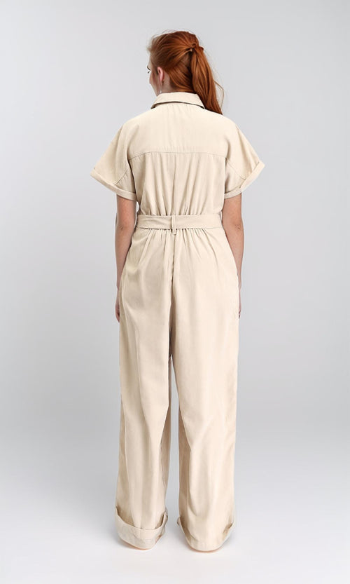 R212072 - Short Sleeves Zipped Jumpsuit with Middle Belt - Beige
