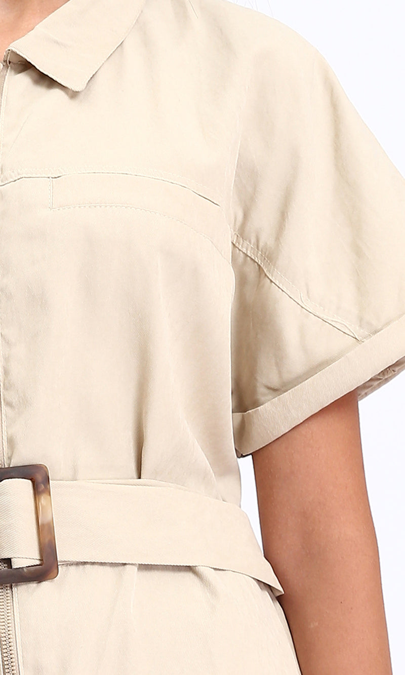 R212072 - Short Sleeves Zipped Jumpsuit with Middle Belt - Beige