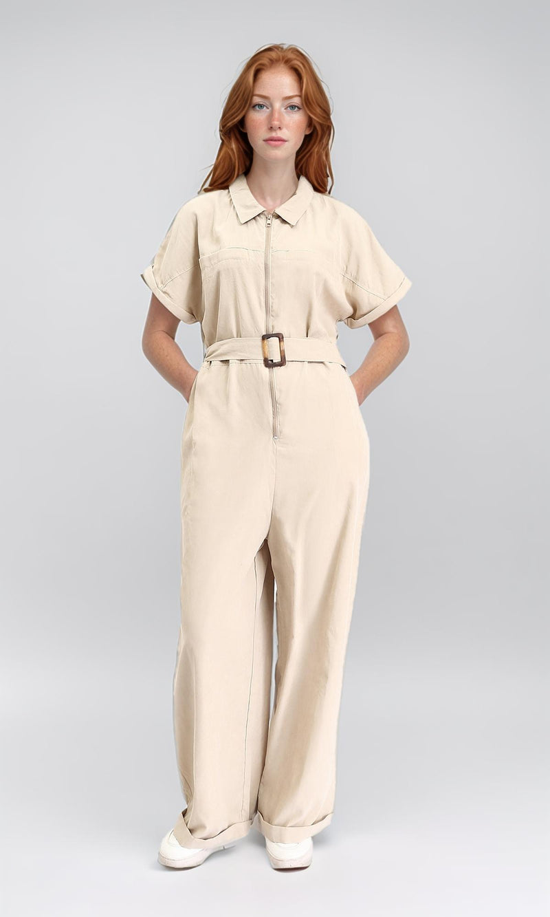 R212072 - Short Sleeves Zipped Jumpsuit with Middle Belt - Beige