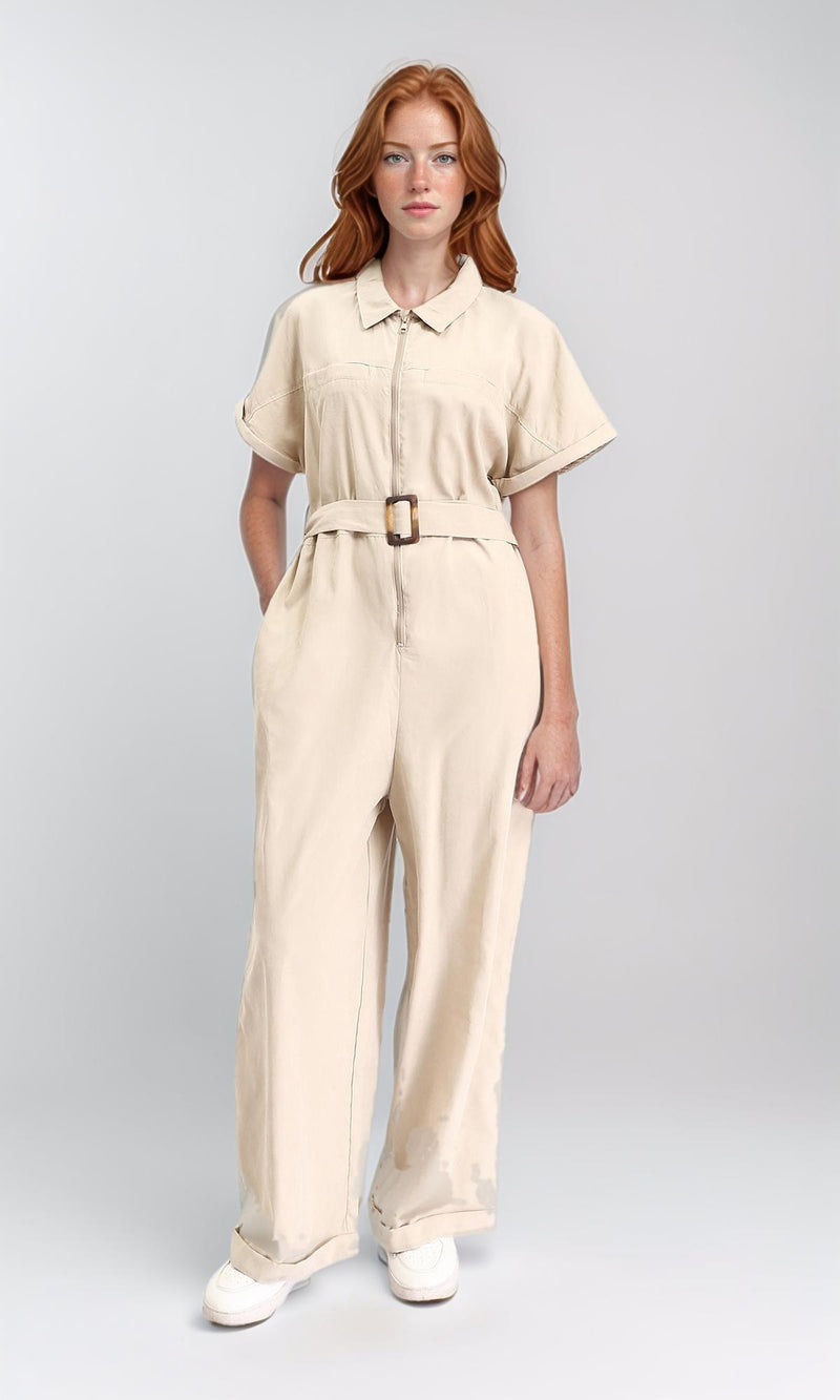 R212072 - Short Sleeves Zipped Jumpsuit with Middle Belt - Beige