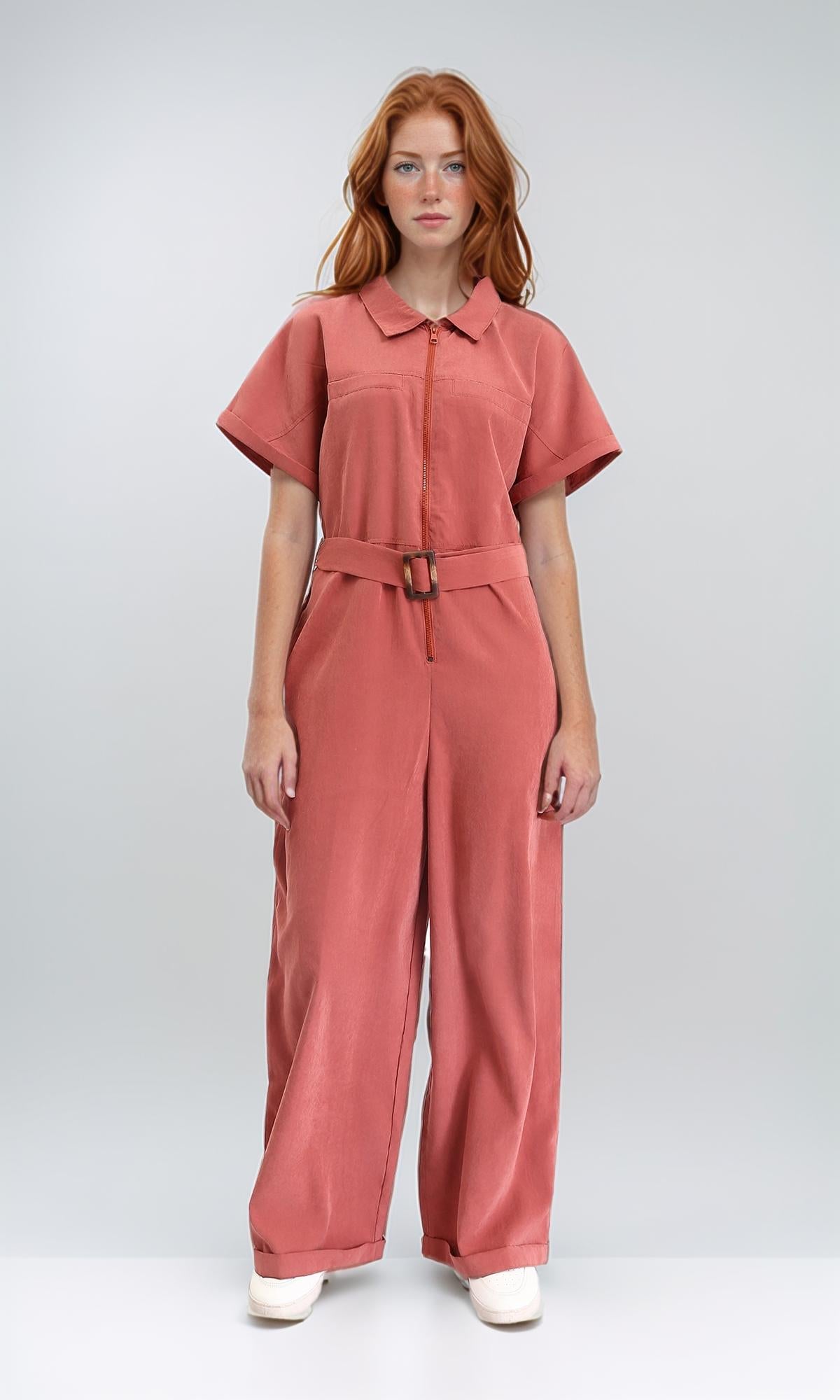 R212073 - Short Sleeves Zipped Jumpsuit with Middle Belt - Brick Orange