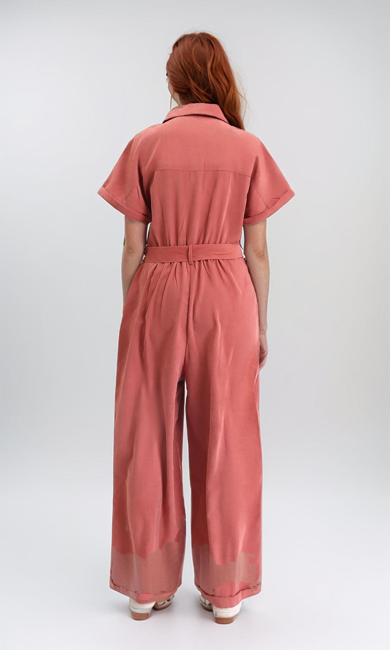 R212073 - Short Sleeves Zipped Jumpsuit with Middle Belt - Brick Orange