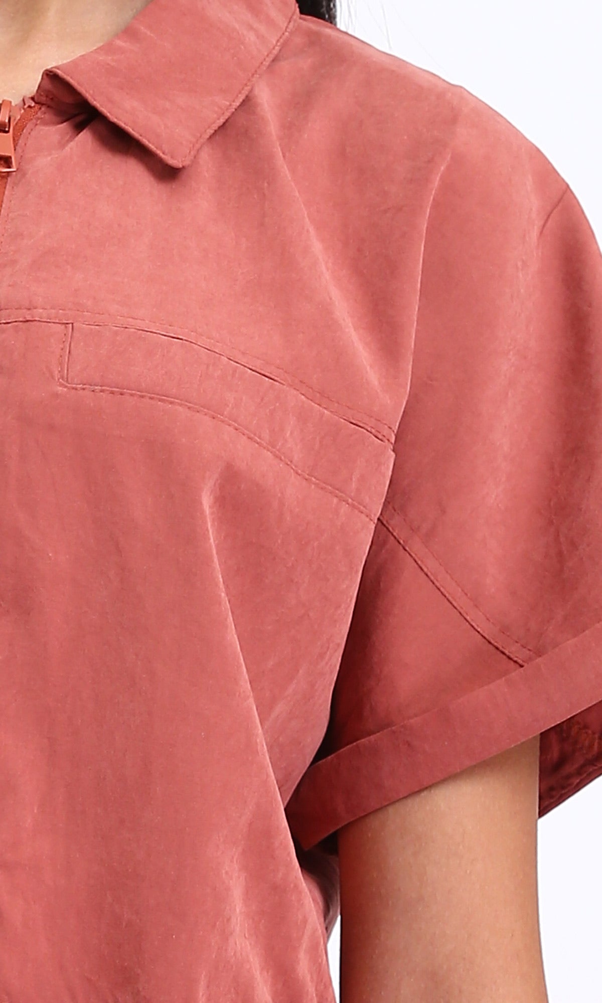 R212073 - Short Sleeves Zipped Jumpsuit with Middle Belt - Brick Orange