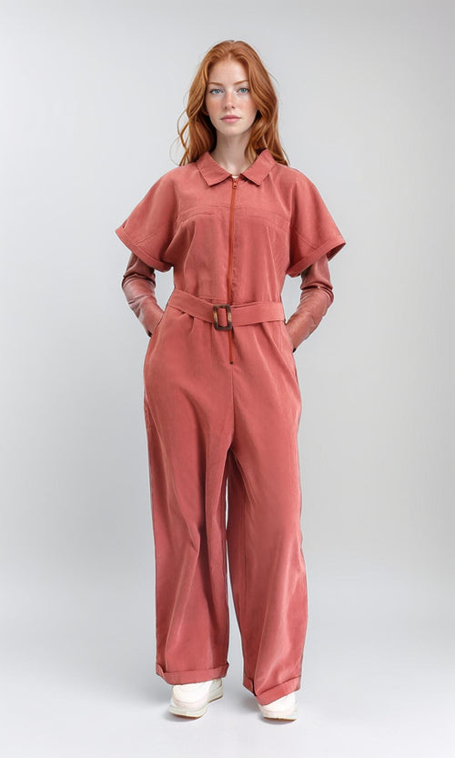 R212073 - Short Sleeves Zipped Jumpsuit with Middle Belt - Brick Orange
