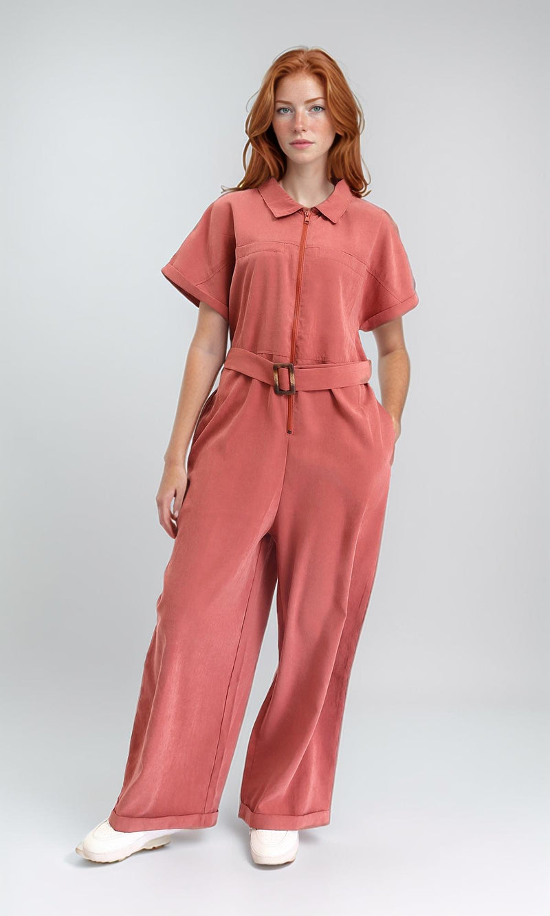 R212073 - Short Sleeves Zipped Jumpsuit with Middle Belt - Brick Orange