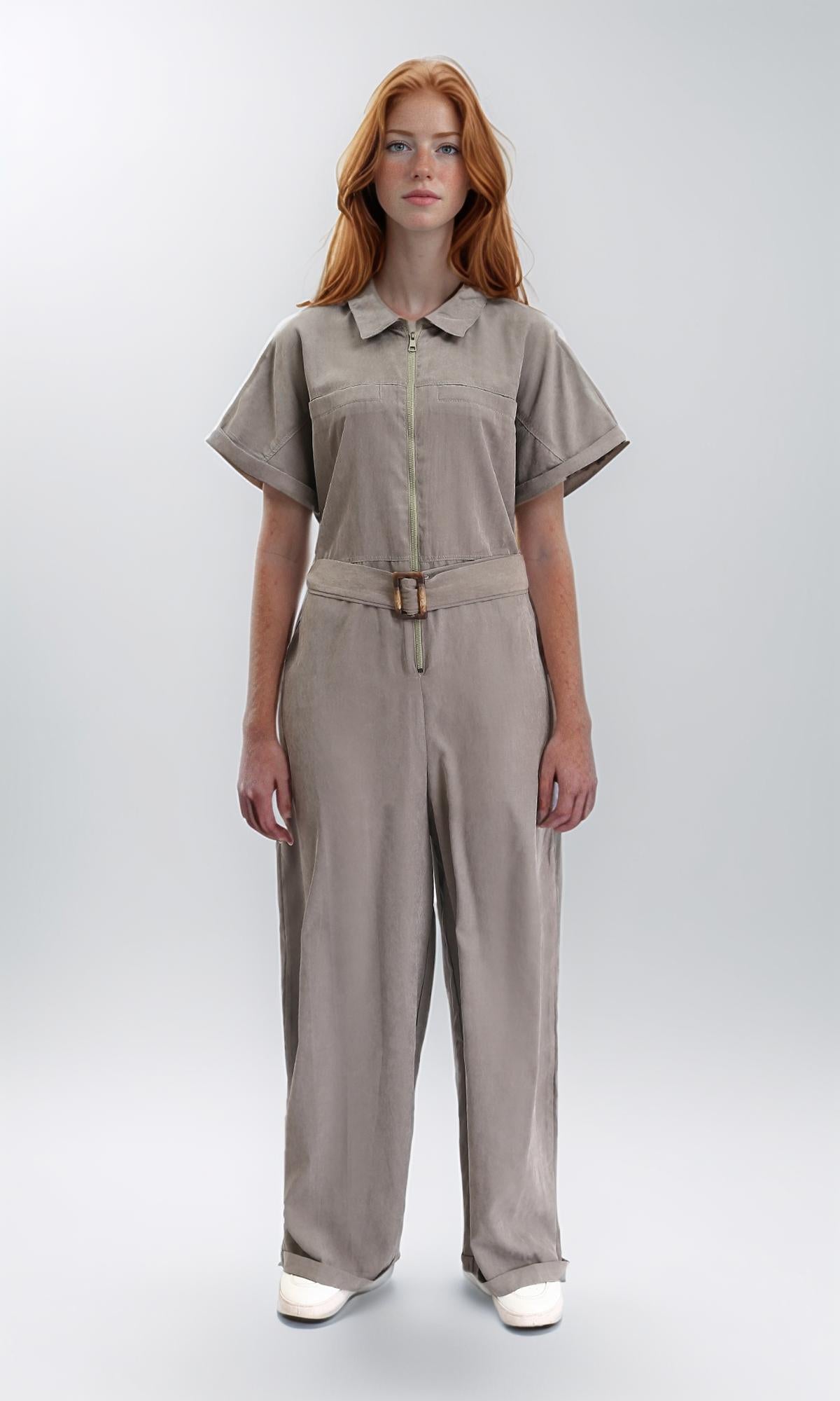 Short Sleeves Zipped Jumpsuit with Middle Belt - Coin Grey