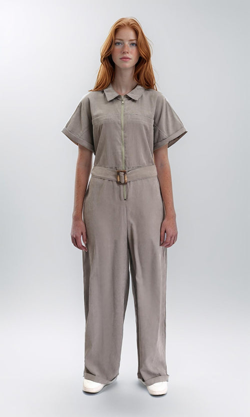 R212074 - Short Sleeves Zipped Jumpsuit with Middle Belt - Coin Grey