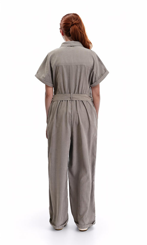 R212074 - Short Sleeves Zipped Jumpsuit with Middle Belt - Coin Grey