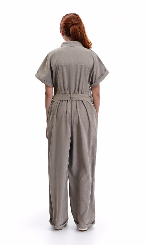 R212074 - Short Sleeves Zipped Jumpsuit with Middle Belt - Coin Grey