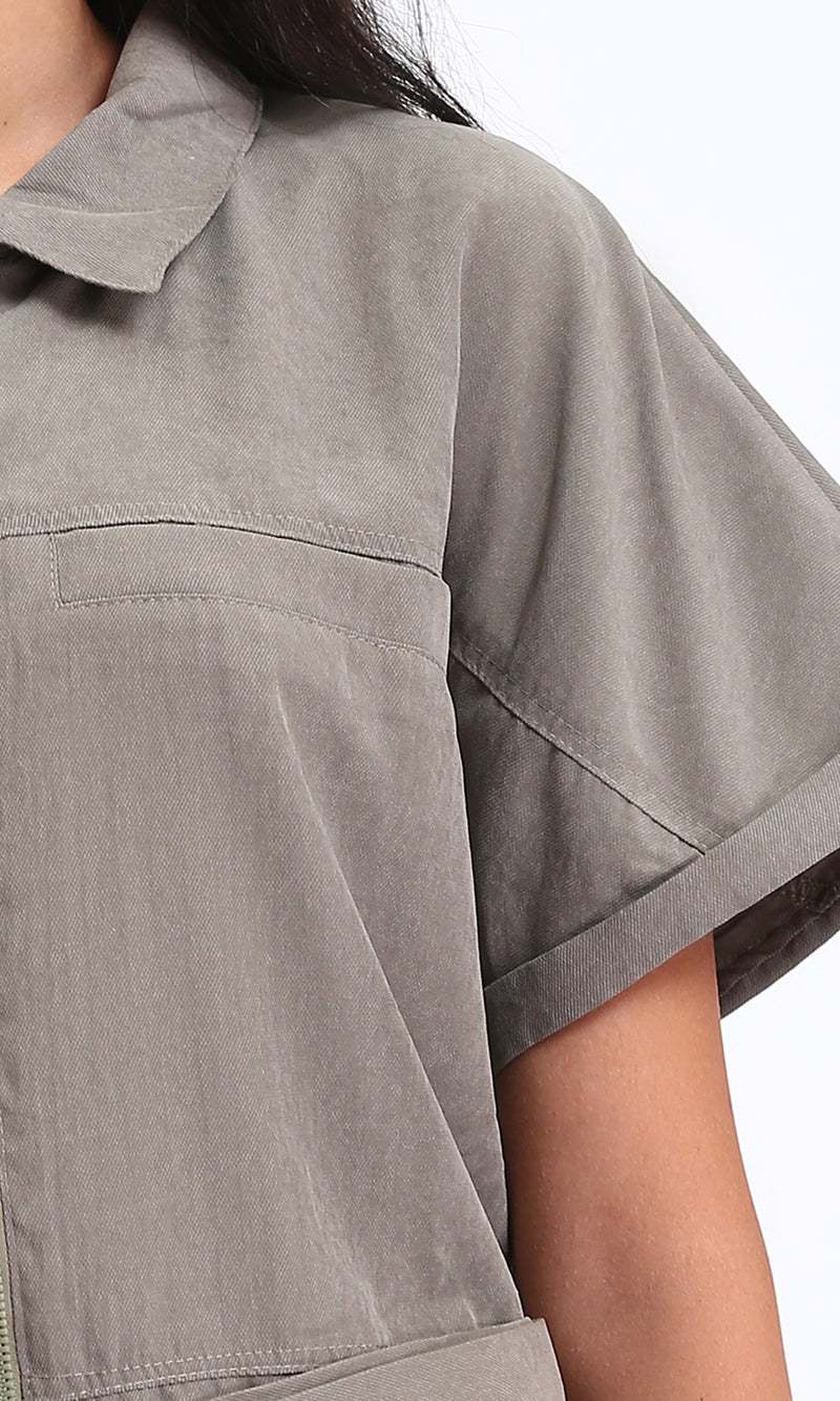 R212074 - Short Sleeves Zipped Jumpsuit with Middle Belt - Coin Grey