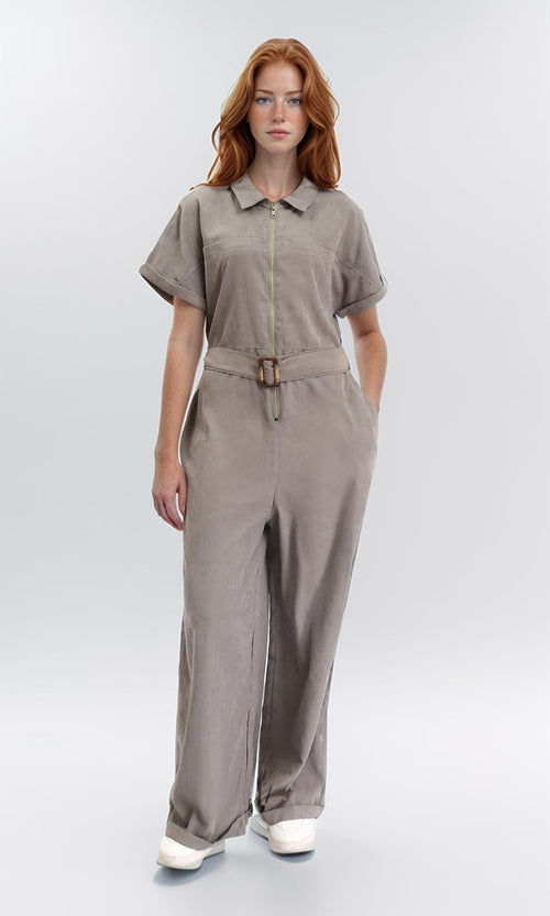 R212074 - Short Sleeves Zipped Jumpsuit with Middle Belt - Coin Grey