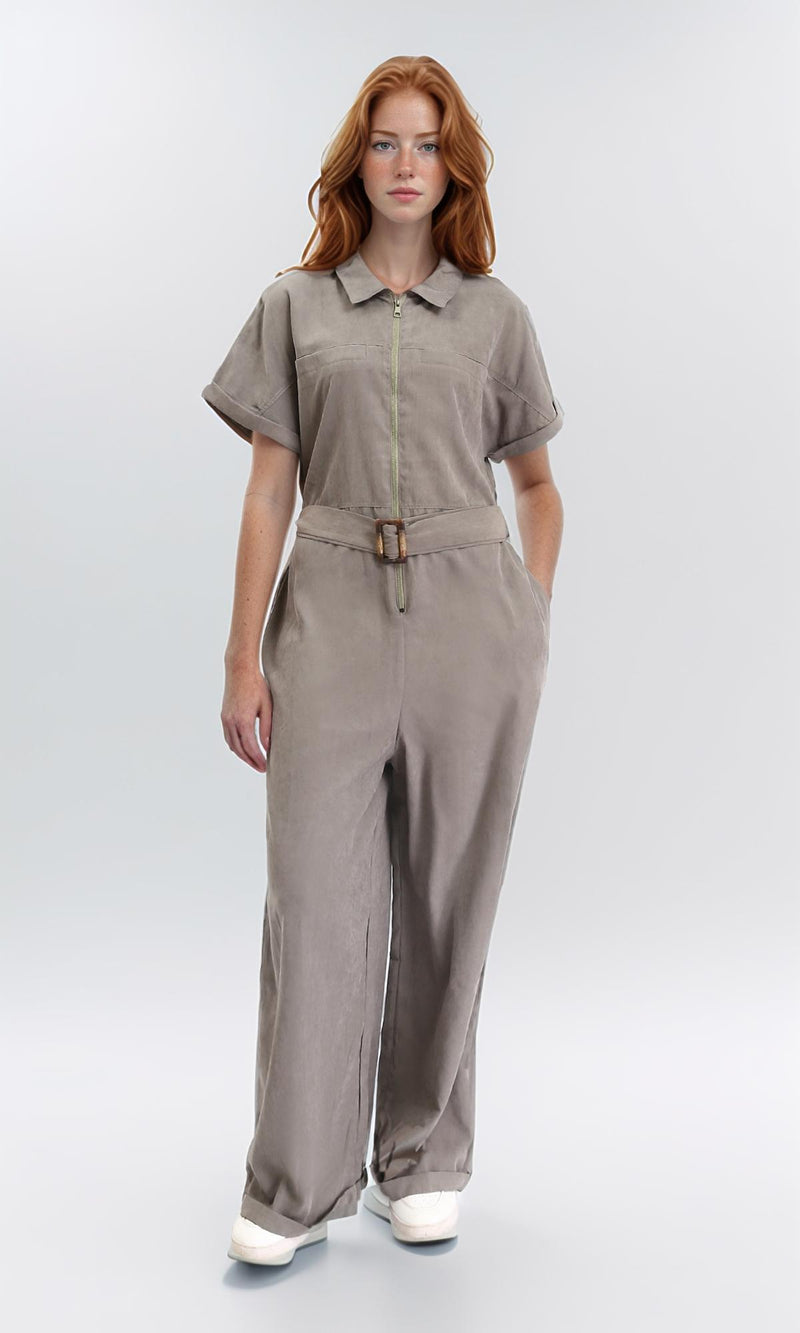 R212074 - Short Sleeves Zipped Jumpsuit with Middle Belt - Coin Grey