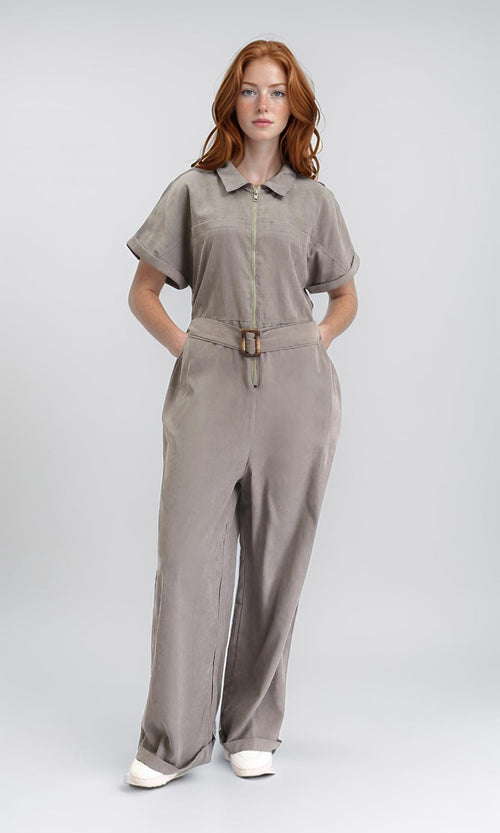 R212074 - Short Sleeves Zipped Jumpsuit with Middle Belt - Coin Grey