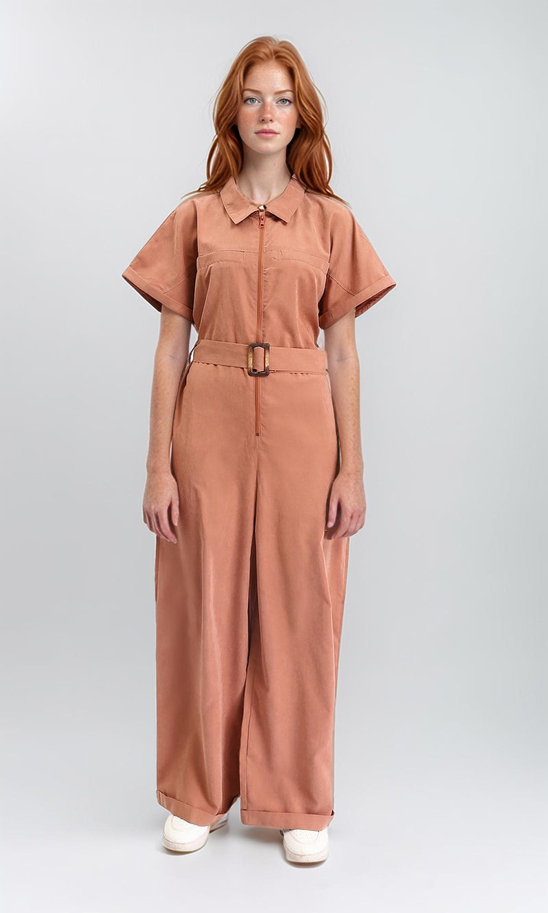 R212075 - Short Sleeves Zipped Jumpsuit with Middle Belt - Dark Salmon