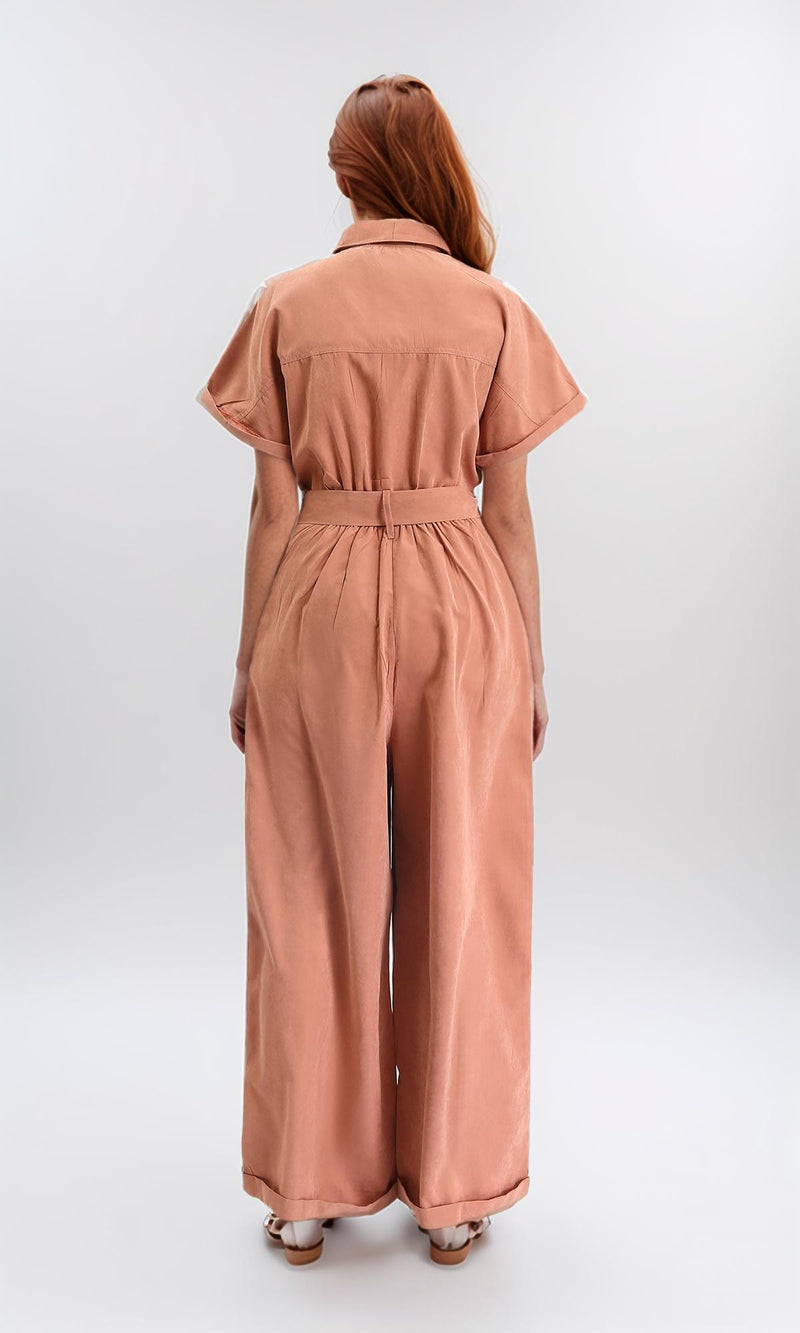 R212075 - Short Sleeves Zipped Jumpsuit with Middle Belt - Dark Salmon