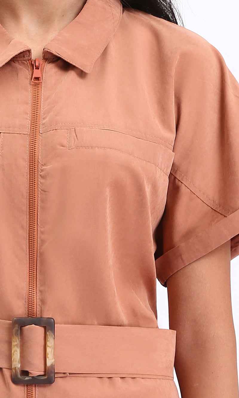 R212075 - Short Sleeves Zipped Jumpsuit with Middle Belt - Dark Salmon