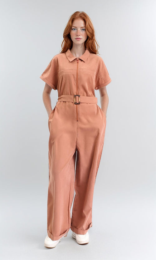 R212075 - Short Sleeves Zipped Jumpsuit with Middle Belt - Dark Salmon