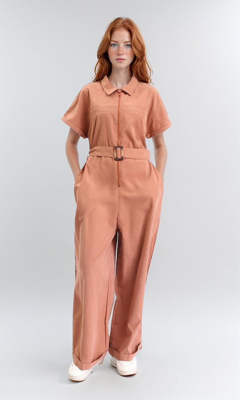 R212075 - Short Sleeves Zipped Jumpsuit with Middle Belt - Dark Salmon