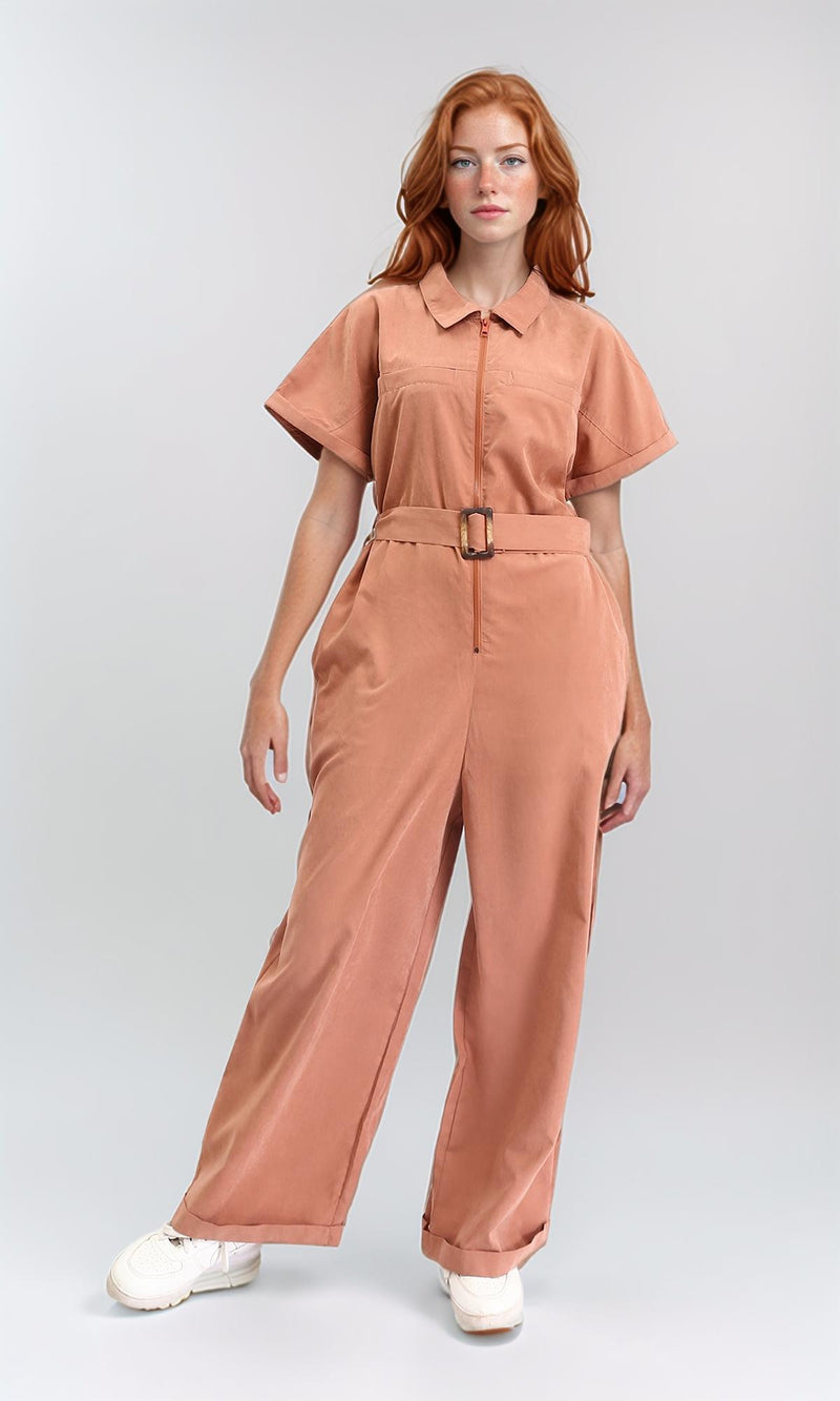 R212075 - Short Sleeves Zipped Jumpsuit with Middle Belt - Dark Salmon