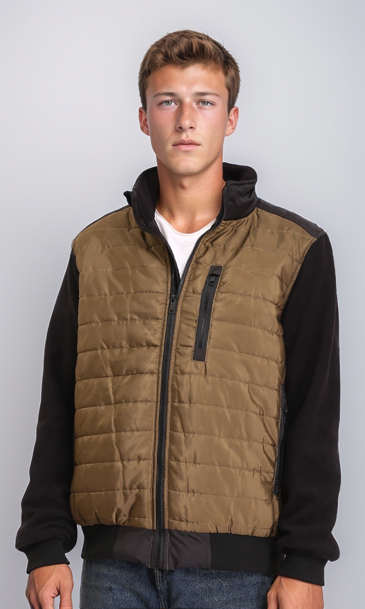 Stand Collar Zipped Bomber Jacket - Copper & Black
