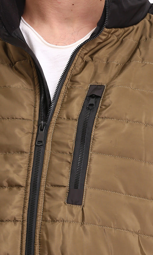 R212076 - Stand Collar Zipped Bomber Jacket - Copper & Black