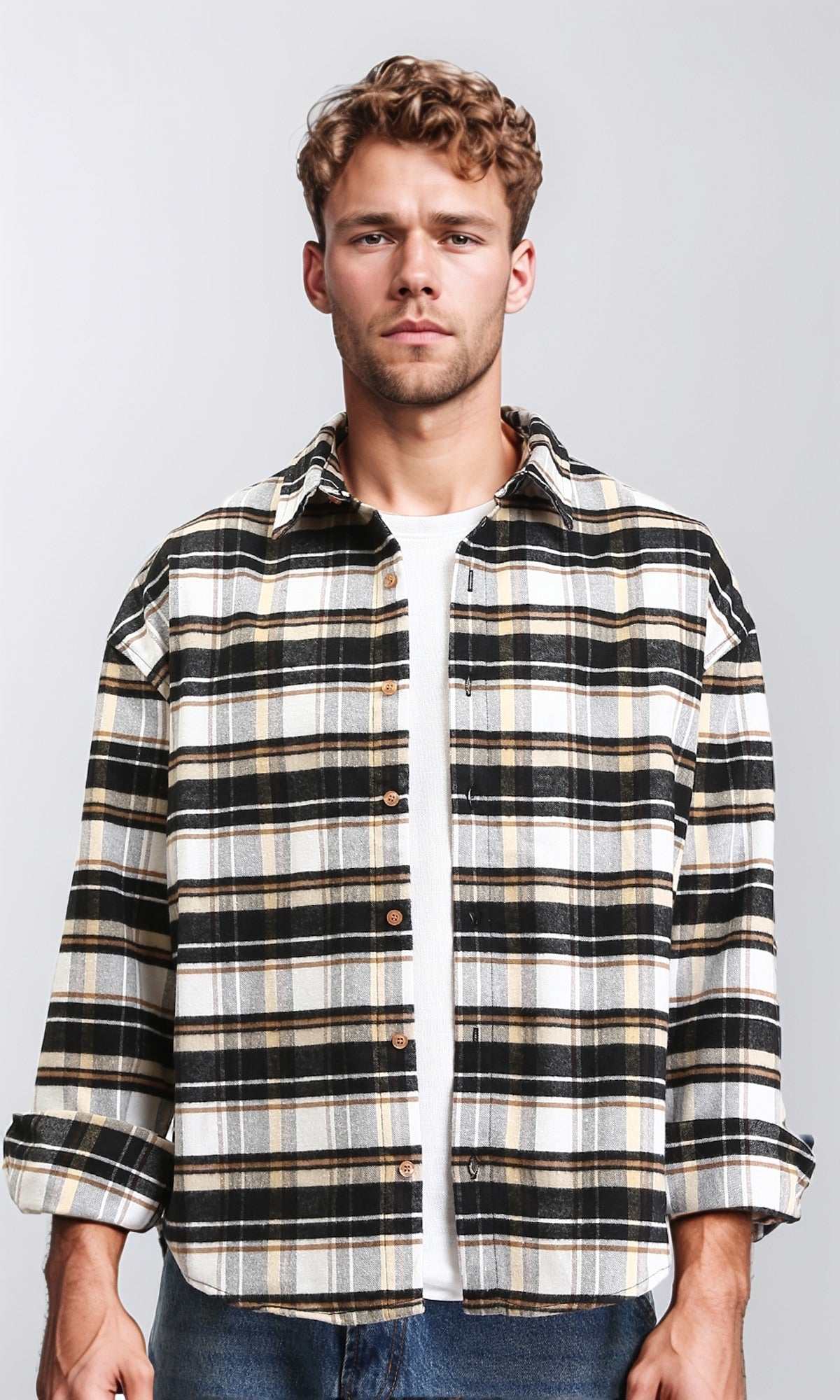 Long Sleeves Plaids Casual Shirt - Camel & White