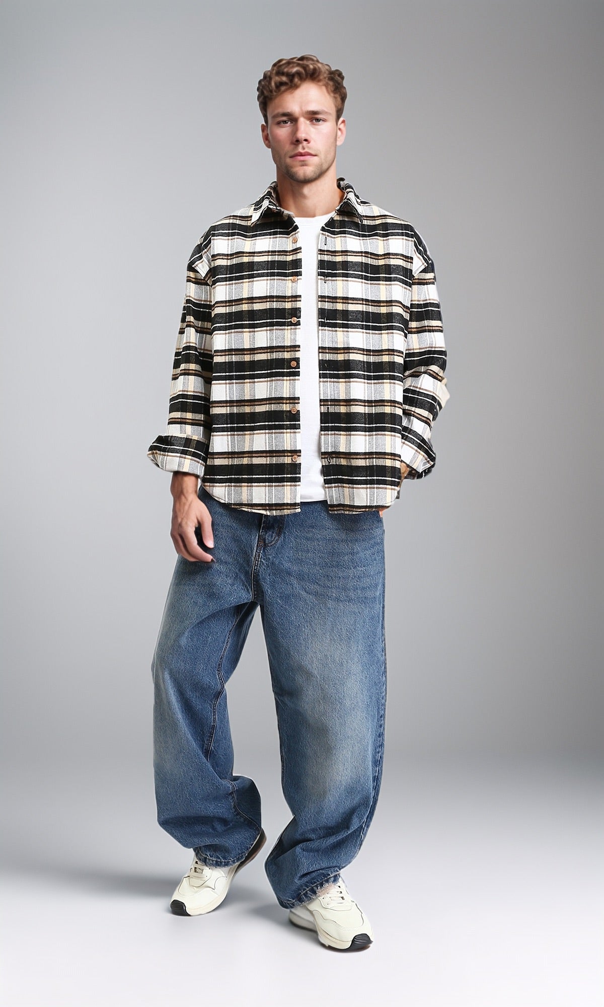 R212078 - Long Sleeves Plaids Casual Shirt - Camel & White