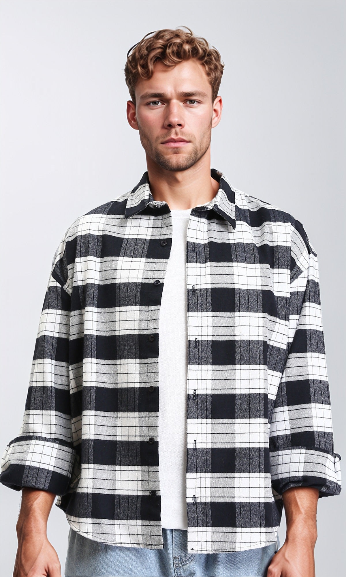 Long Sleeves Plaids Casual Shirt - Navy Blue & White
