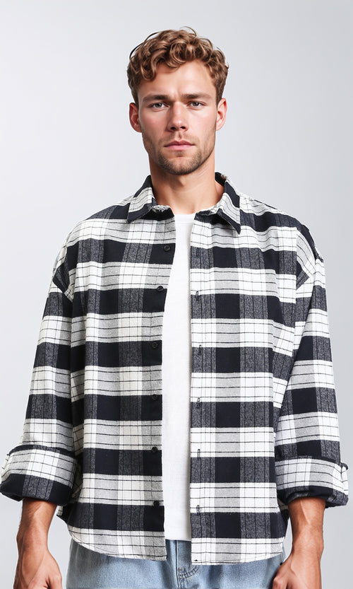 Long Sleeves Plaids Casual Shirt - Navy Blue & White