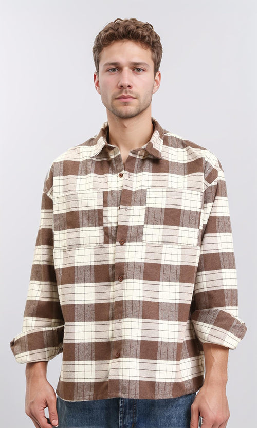 R212082 - Plaid Shirt with Front Pockets - Brown & Beige
