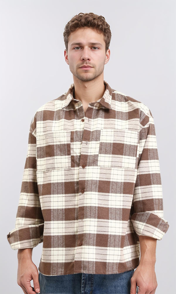 R212082 - Plaid Shirt with Front Pockets - Brown & Beige