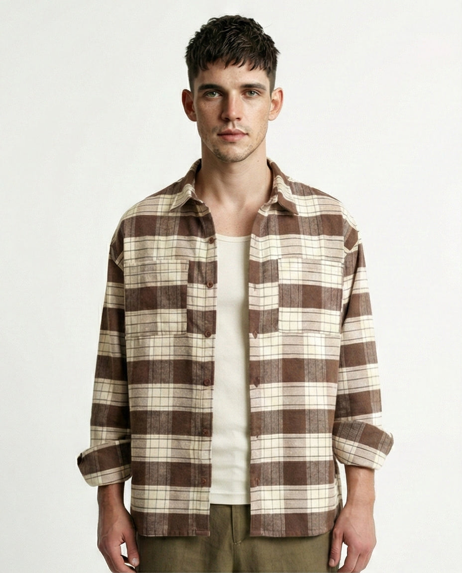 Plaid Shirt with Front Pockets - Brown & Beige