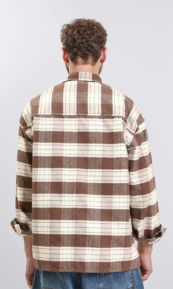 R212082 - Plaid Shirt with Front Pockets - Brown & Beige