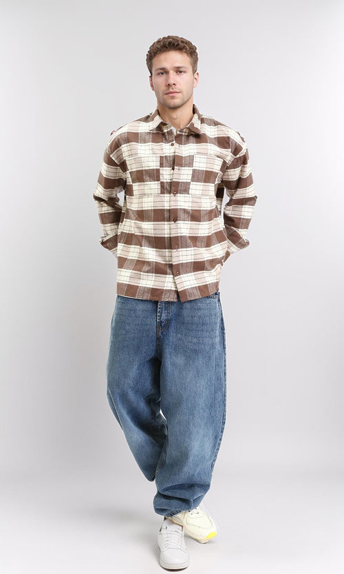 R212082 - Plaid Shirt with Front Pockets - Brown & Beige