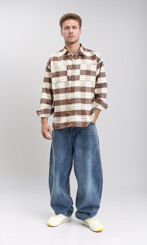 R212082 - Plaid Shirt with Front Pockets - Brown & Beige