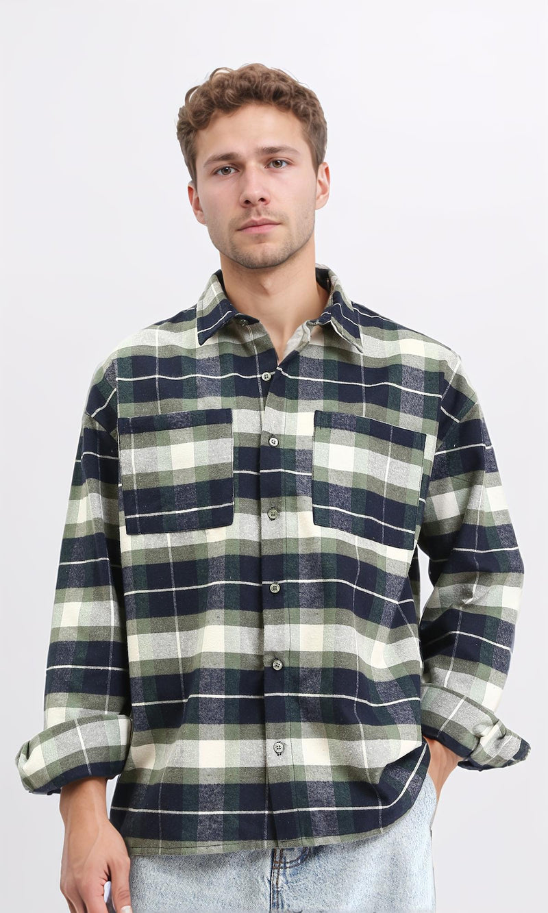 R212083 - Plaid Shirt with Front Pockets - Navy Blue & Olive