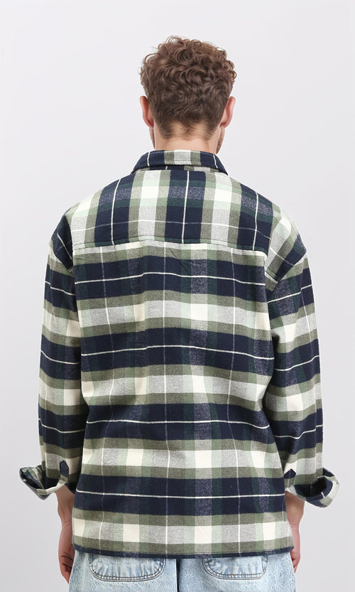 R212083 - Plaid Shirt with Front Pockets - Navy Blue & Olive
