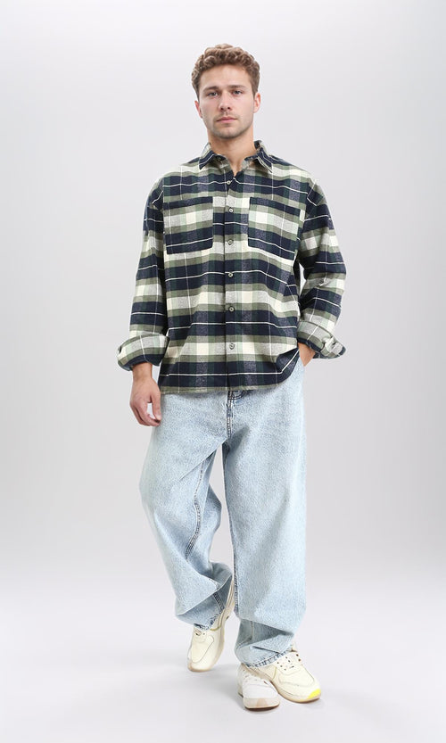 R212083 - Plaid Shirt with Front Pockets - Navy Blue & Olive