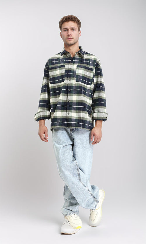 R212083 - Plaid Shirt with Front Pockets - Navy Blue & Olive