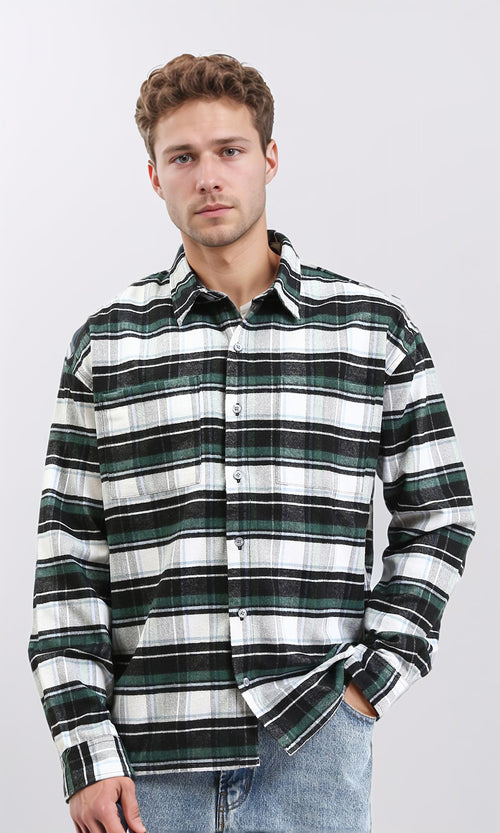 R212084 - Plaid Shirt with Front Pockets - Black & Green