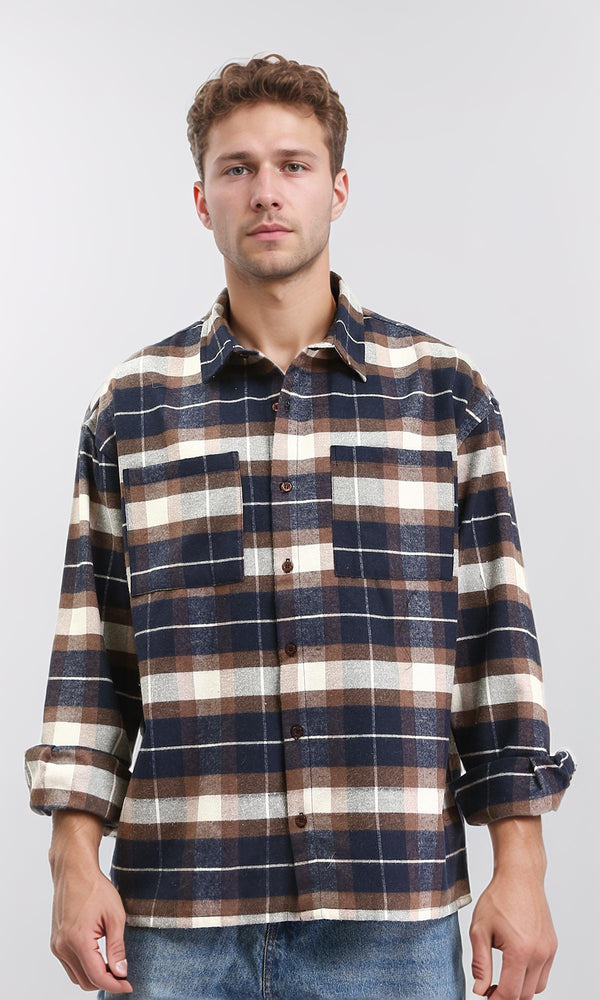 R212085 - Plaid Shirt with Front Pockets - Navy Blue & Brown