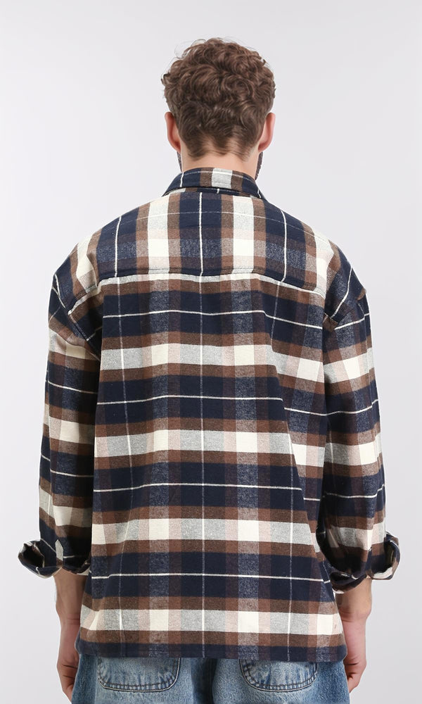 R212085 - Plaid Shirt with Front Pockets - Navy Blue & Brown
