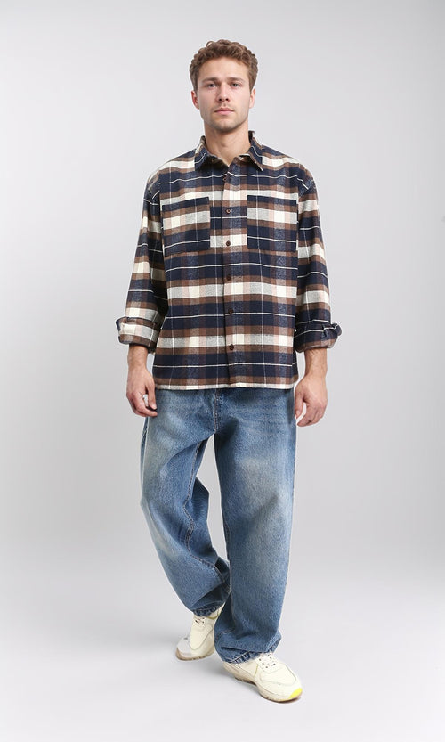 R212085 - Plaid Shirt with Front Pockets - Navy Blue & Brown