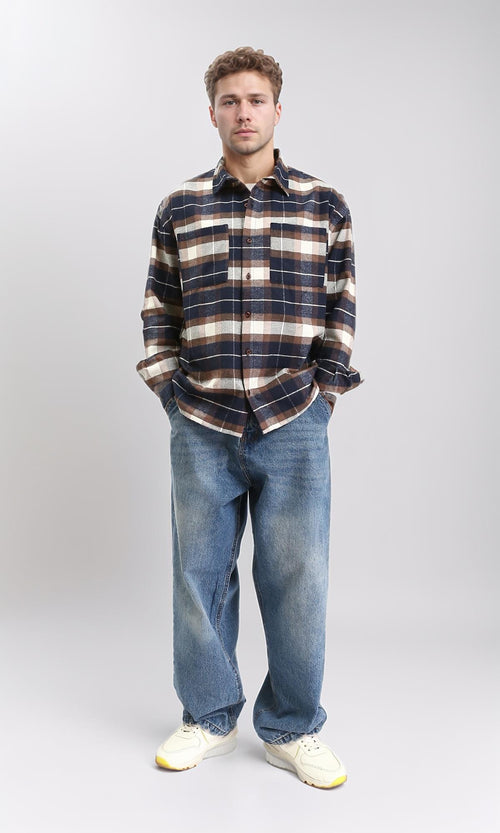 R212085 - Plaid Shirt with Front Pockets - Navy Blue & Brown