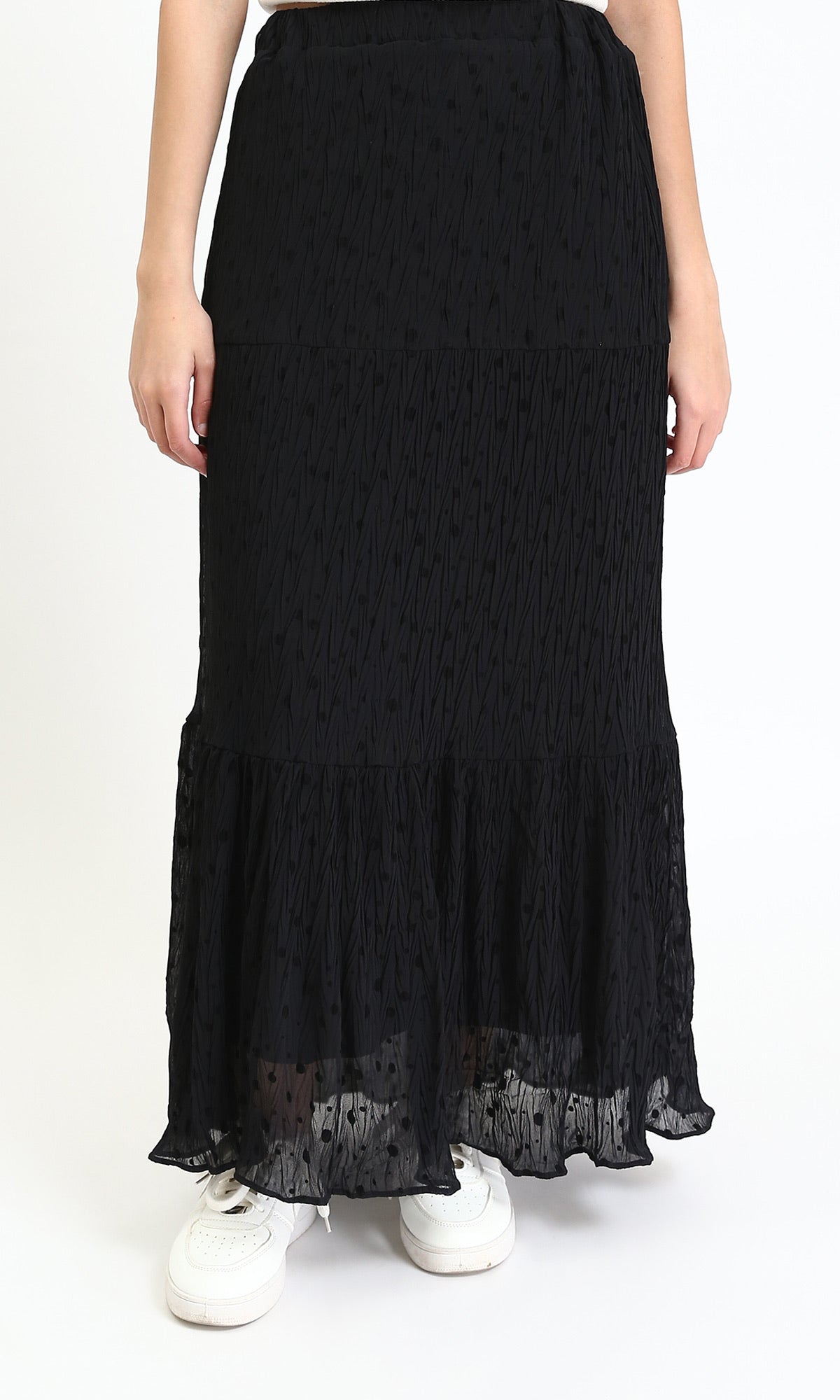 Elastic Waist Slip On Dotted Skirt - Black